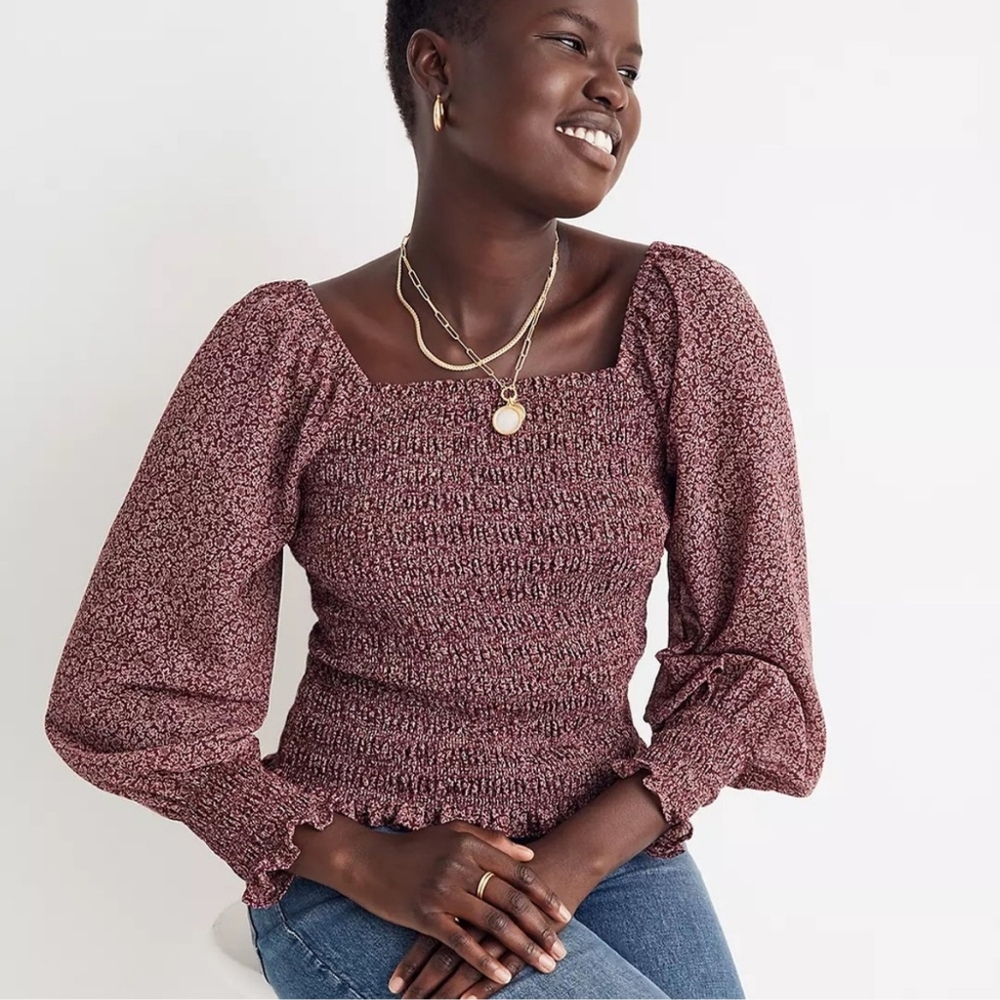 Madewell Puff-Sleeve Crop Smocked Top in Cottage Garden S